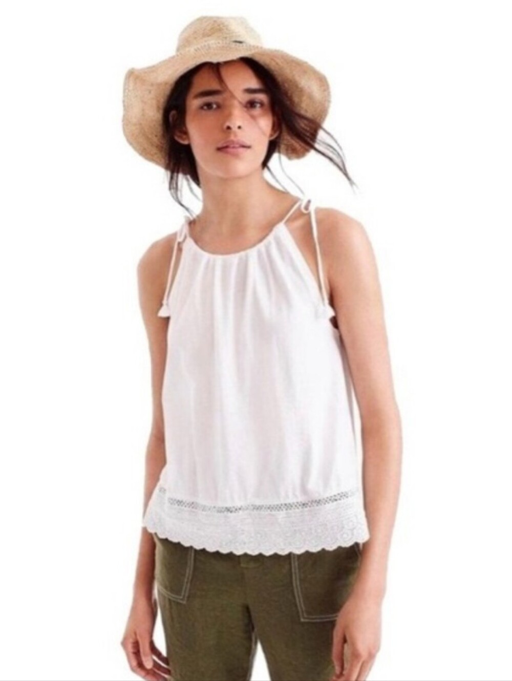 J.Crew White Cami Tank Top J1515 Cotton Tencel Eyelet Lace Hem Size Large